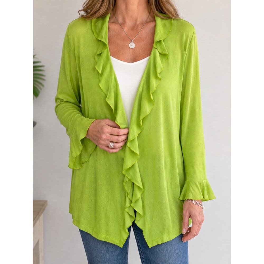 SLINKY BRAND Lime Green Ruffle Front Cardigan Top Y2K Vintage Artsy | XL - Picture 2 of 8